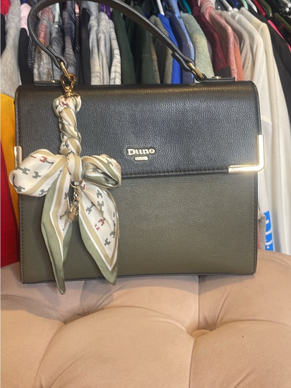 Dune London Olive Green and Black Structured Top-Handle Satchel